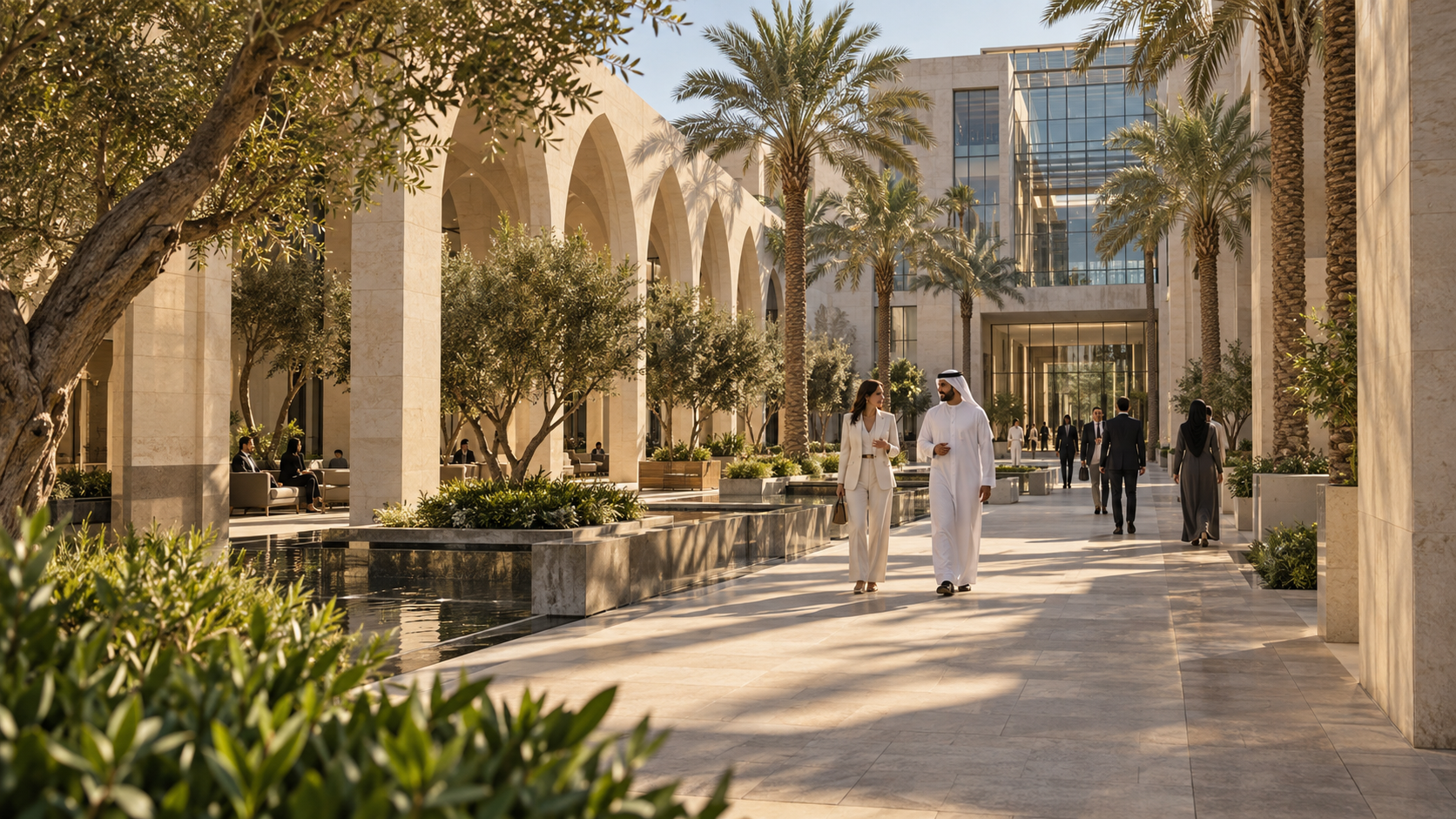 Illustrative Dubai-inspired business courtyard with professionals walking through a sunlit setting